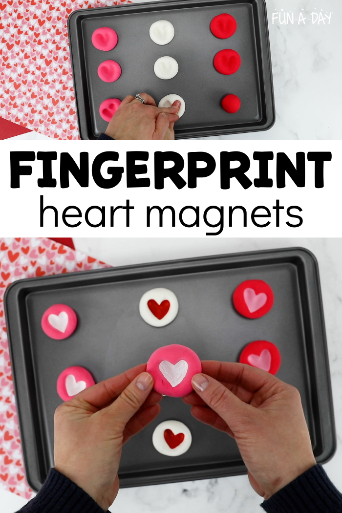 a tray of colorful fingerprint clay magnets and the text fingerprint heart magnets