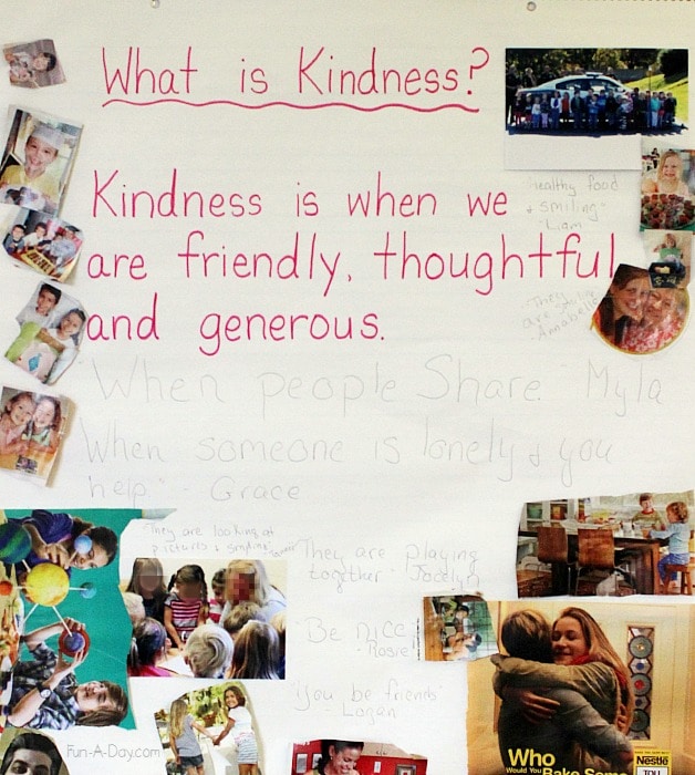 kindness activities in preschool - an anchor chart made with the kids to define and explain kindness