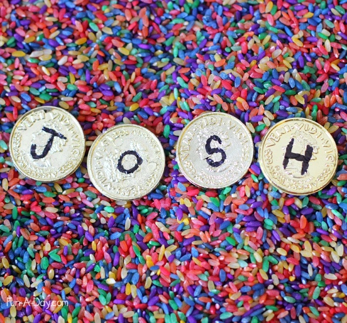 preschool alphabet activities with gold coins - let the kids search for the letters in their names!