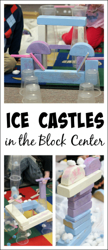 Frozen-inspired building activities for preschoolers - invitation to build ice castles in the block center!
