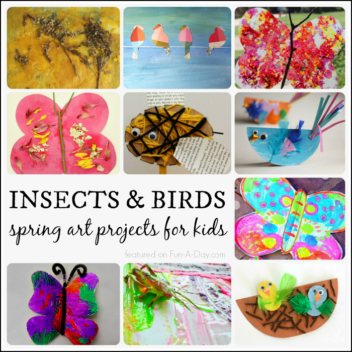 Spring art projects for kids featuring insects and birds