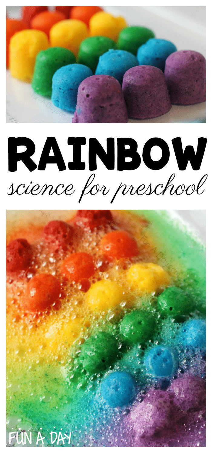 collage of rainbow science with text that reads rainbow science for preschool