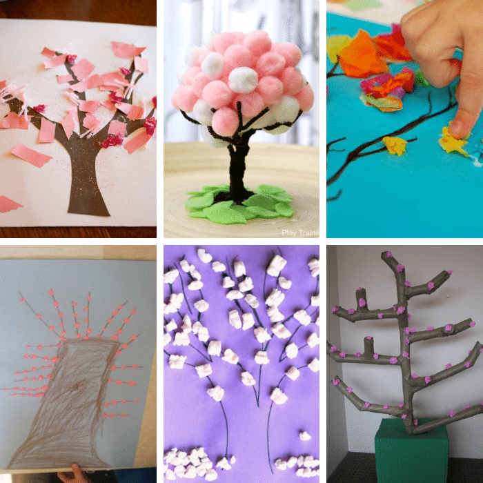 collage of six different preschool spring tree crafts