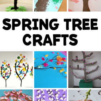 collage of nine different flowering tree crafts preschoolers can make with the text, 'spring tree crafts'