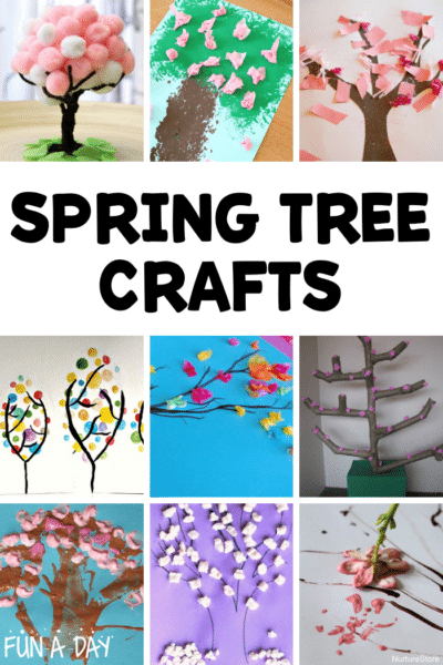 collage of nine different flowering tree crafts preschoolers can make with the text, 'spring tree crafts'
