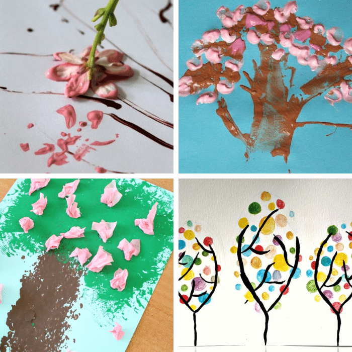 collage of four unique spring tree crafts for kids to make with text that reads spring tree crafts for kids