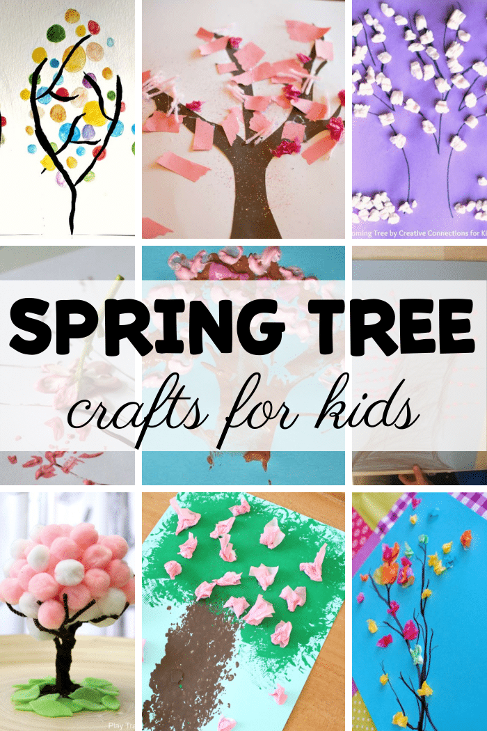collage of nine spring tree crafts for preschoolers with the text 'spring tree crafts for kids'