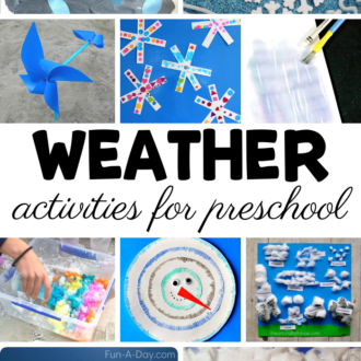 ten different activities for a preschool weather theme in a pinnable collage and the text weather activities for preschool