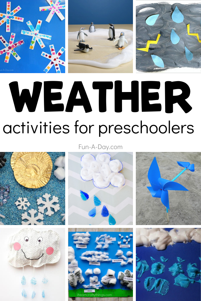 nine different weather related activities in a pinnable collage and the text weather activities for preschool 