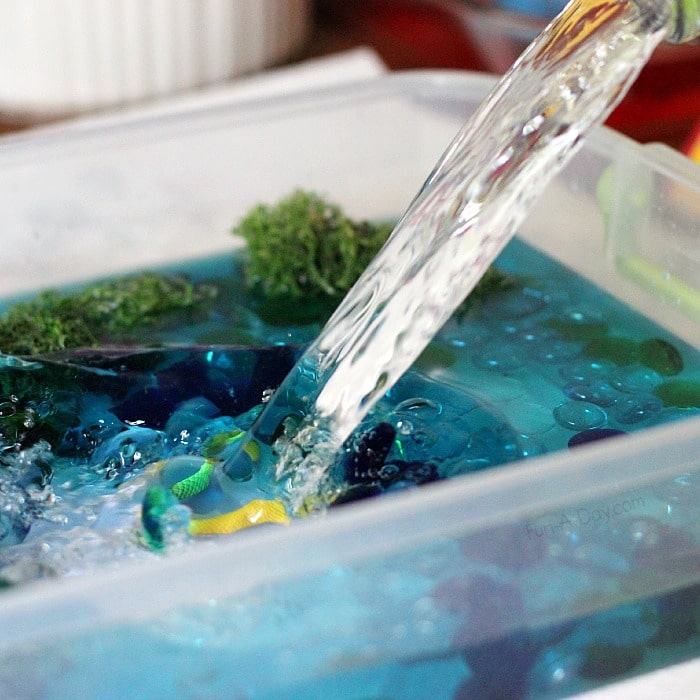Easy pond sensory play idea - let the children put the sensory small world together with materials already at home