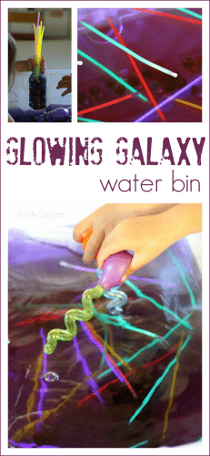Glowing Galaxy Water Bin - what a fun space activity for the kids! I love what they used for the planets