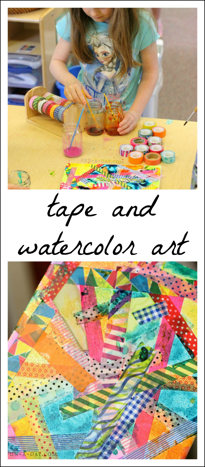 Pinnable image of watercolor canvas art and child creating it, with text that reads tape and watercolor art. 