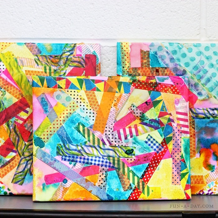 3 tape and watercolor canvas art pieces done by preschoolers.
