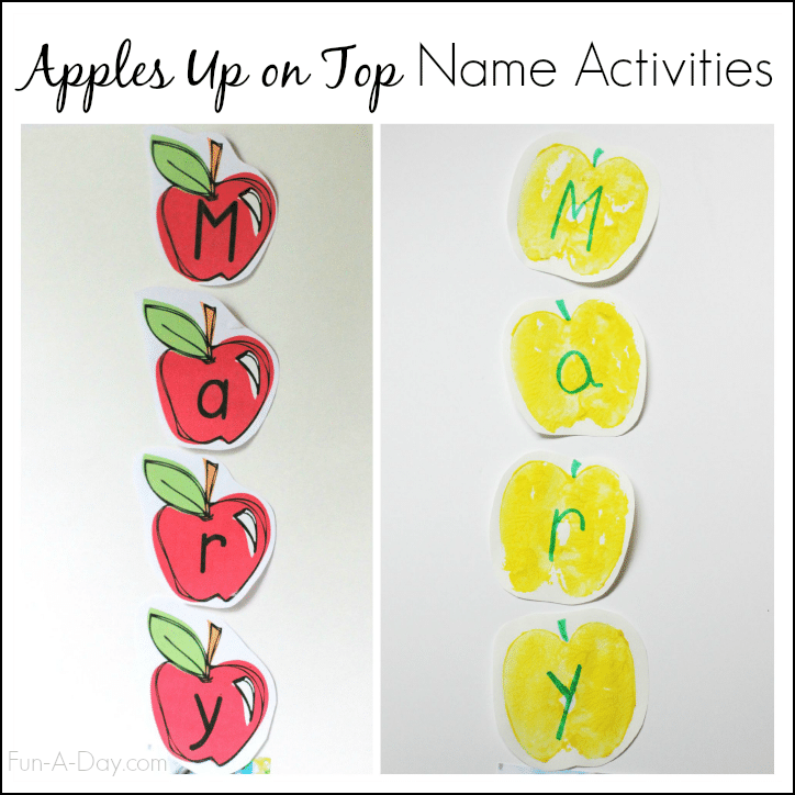 Homemade and printable apple letters to spell Mary. With text that reads apples up on top name activities.