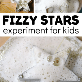 Collage of simple baking soda science activity with text that reads fizzy stars experiment for kids