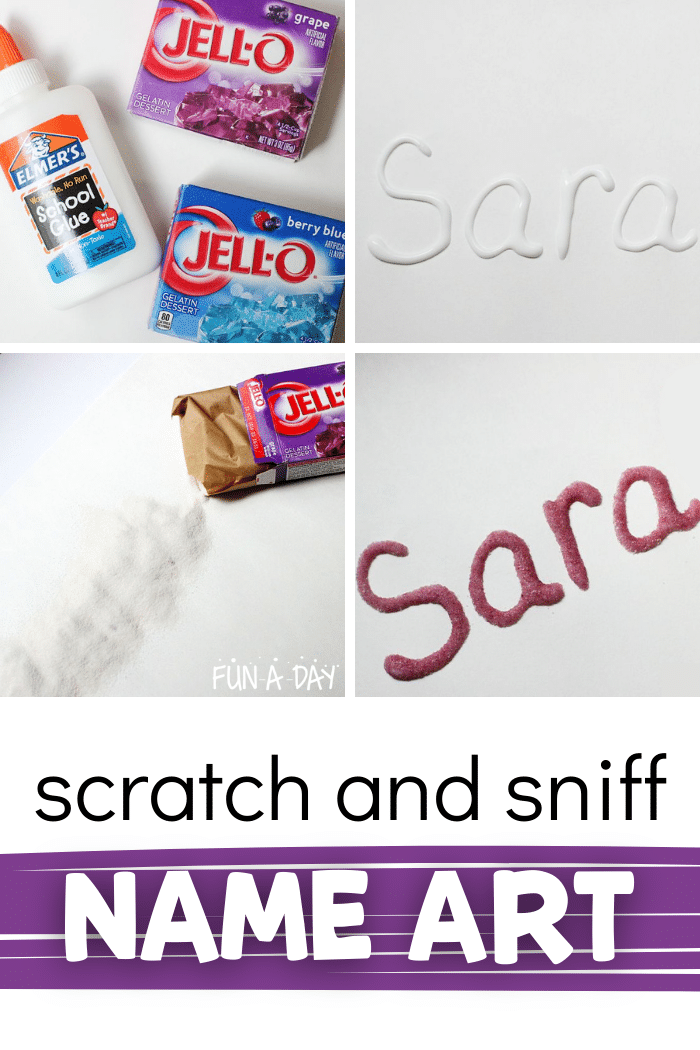 collage of four instructional images to make a 5 senses name project with glue and jello powder. text reads 'scratch and sniff name art'