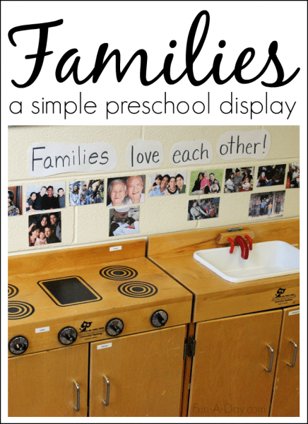 A simple preschool display depicting families around the world and different types of families