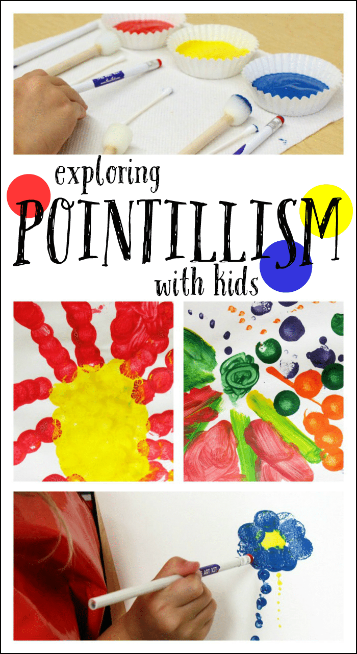 collage of dot art for kids with text that reads exploring pointillism with kids