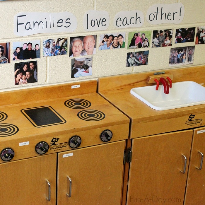 Families around the world display in a preschool classroom - photos of different kinds of families from around the world
