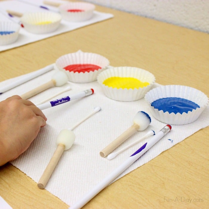 dot art for kids invitation - pencils, paint, cotton swabs