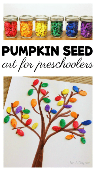 jars of dyed pumpkin seed and hand drawn tree with seeds as leaves with text that reads pumpkin seed art for preschoolers