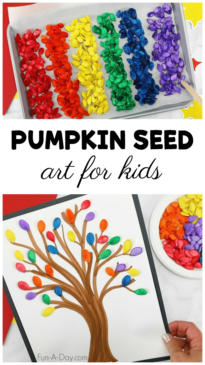 rainbow dyed pumpkin seeds with fall tree art