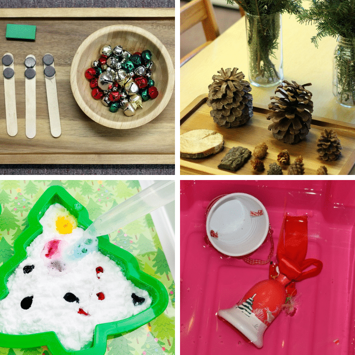 christmas science experiments with jingle bells, an evergreen tree, baking soda and vinegar, and water
