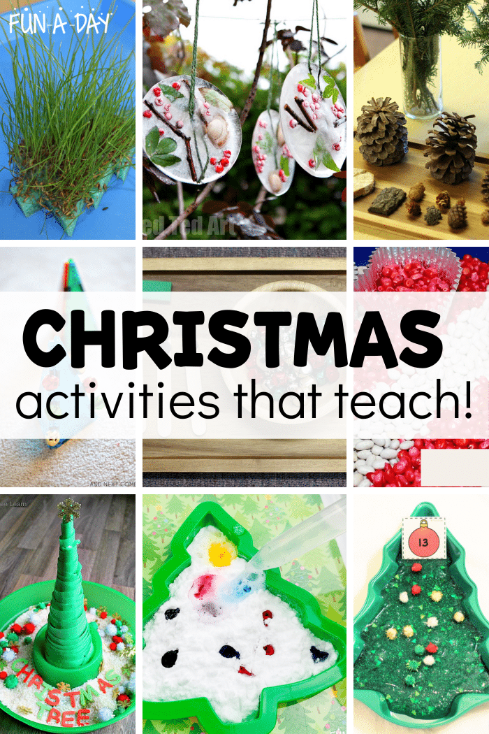 pinnable collage of nine different Christmas science experiments and sensory activities with the text, Christmas activities that teach!