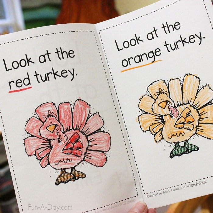 pages from printable turkey book with text that reads Look at the red turkey. Look at the orange turkey.