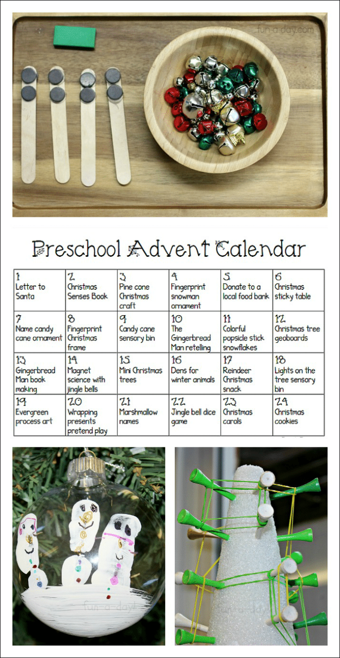 Free printabe preschool Advent calendar - full of fun ideas that also work on early learning skills