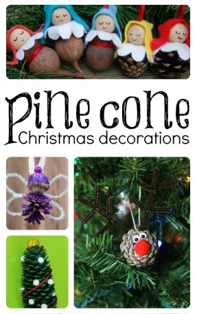 collage of pine cone crafts with text that reads pine cone christmas decorations