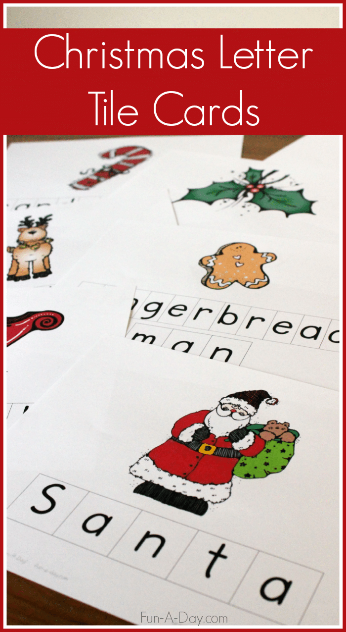 Printable Christmas word cards with text that reads Christmas letter tile cards