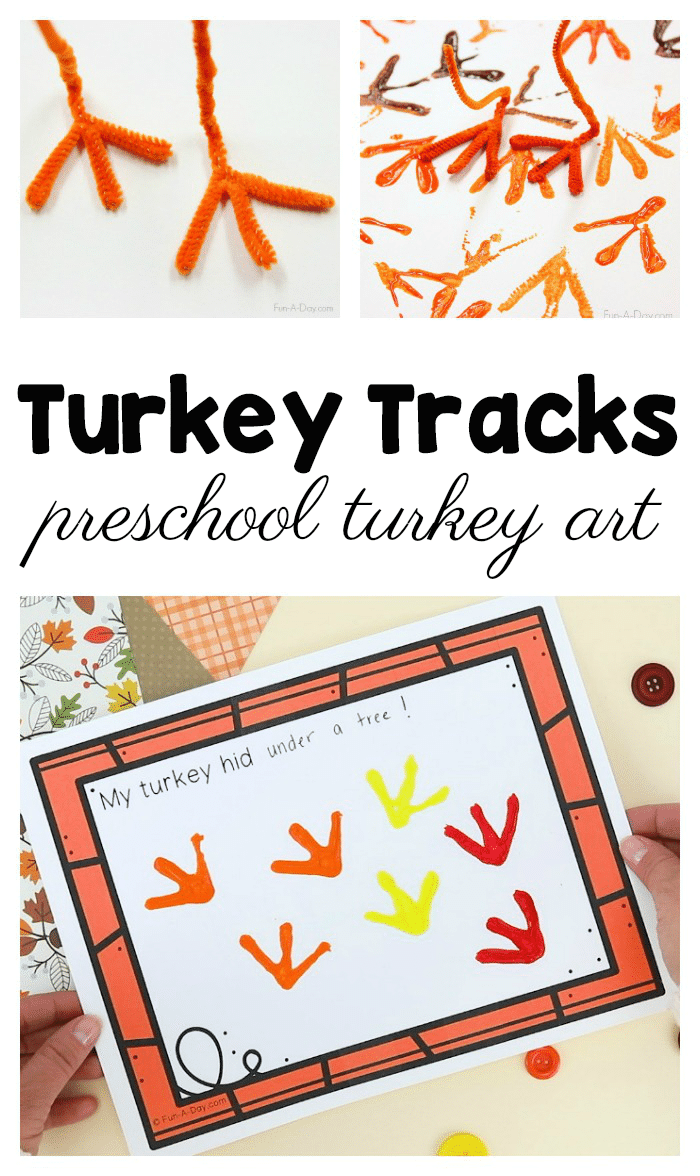Collage of turkey tracks art with text that reads turkey tracks preschool turkey art