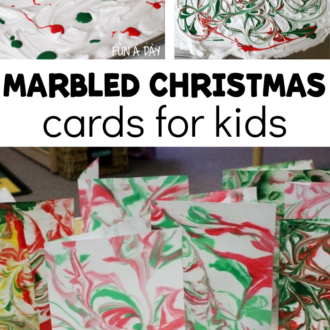 two steps of the creative process and one image of the finished product with the text marbled christmas cards for kids