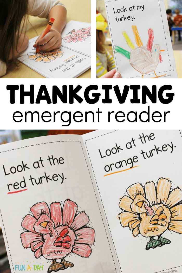 Collage of preschool turkey book with text that reads Thanksgiving emergent reader.