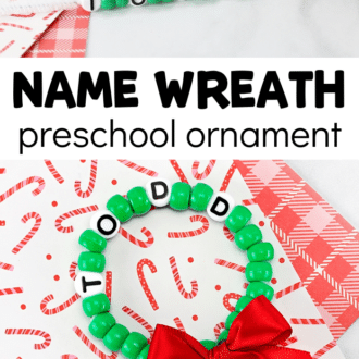 In-process and completed beaded wreath craft with text that reads name wreath preschool ornament.