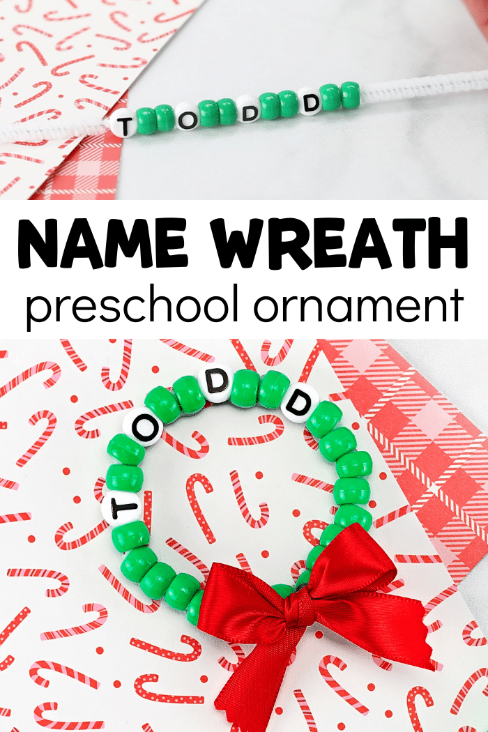 In-process and completed beaded wreath craft with text that reads name wreath preschool ornament.