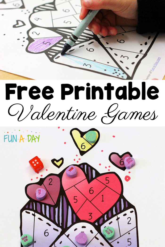 close up of two printable heart games with crayons and manipulatives and the text 'free printable valentine games'