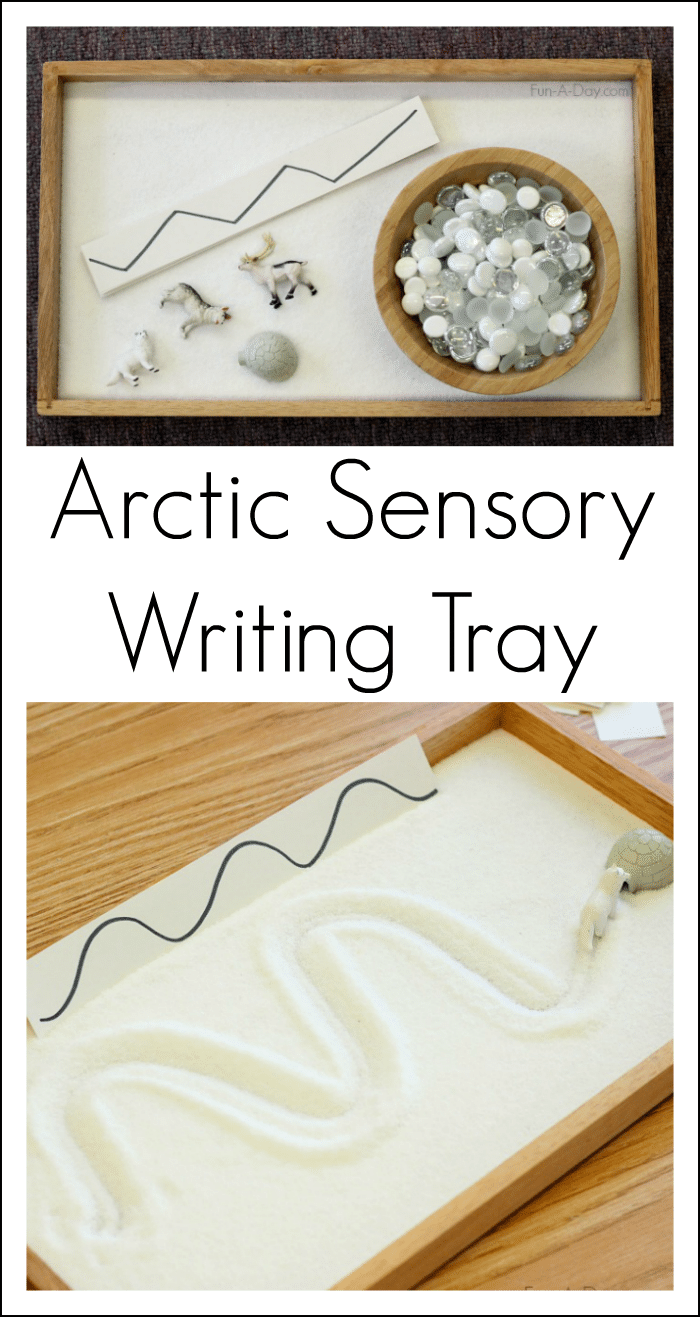 Sensory writing tray that is perfect for a winter or arctic preschool theme - lots of sensory input and tons of room for practicing important early writing skills