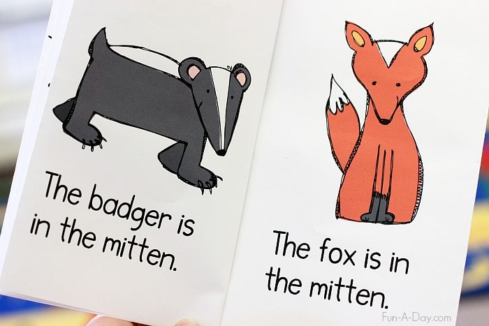 pages from printable book retelling the mitten with text that reads The badger is in the  mitten. The fox is in the mitten.