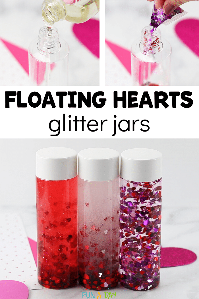 steps for making valentine sensory bottles with text that reads floating hearts glitter jars
