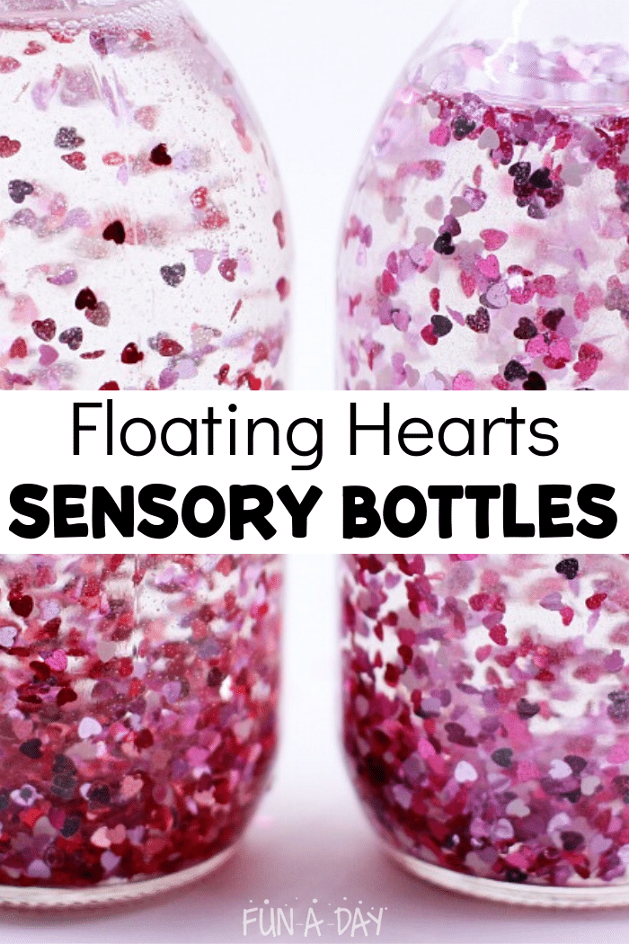 close up of heart glitter jars with text that reads floating hearts sensory bottles
