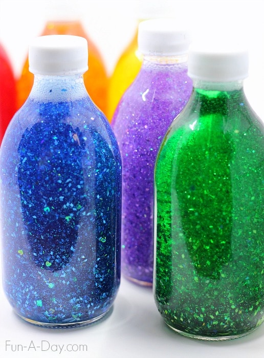 Rainbow glitter jars - great for calming down, sensory observations, science, and math