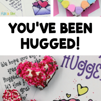 a free valentine printable, heart-shaped valentine brownie, and text that reads you've been hugged!