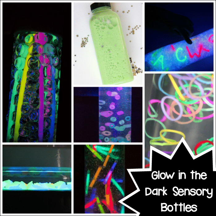 Collage of glowing discover bottles with text that reads glow in the dark sensory bottles