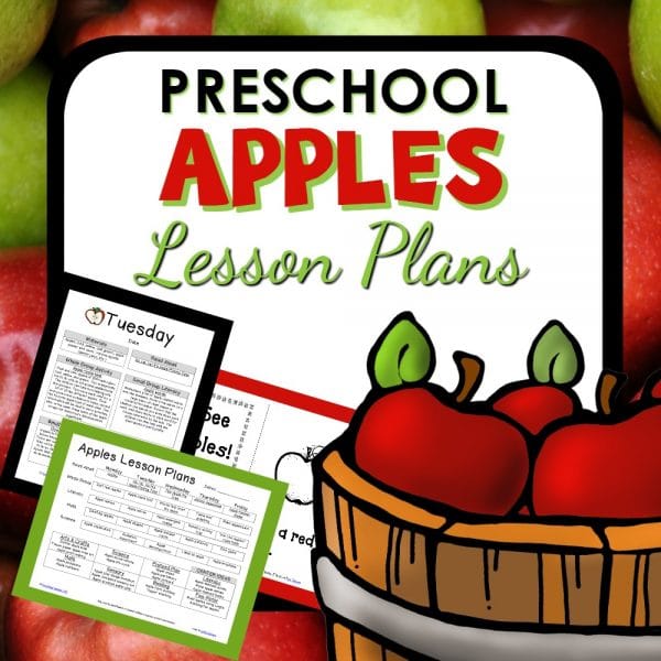 picture of three preschool printables with a cartoon image of apples in a basket with the text preschool apples lesson plans