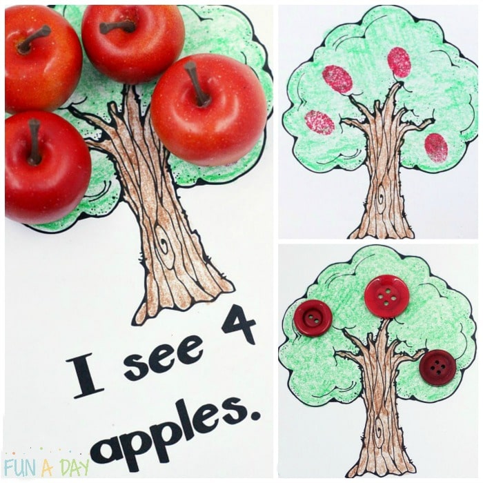 collage of pages from an apple counting book with text that reads I see 4 apples.