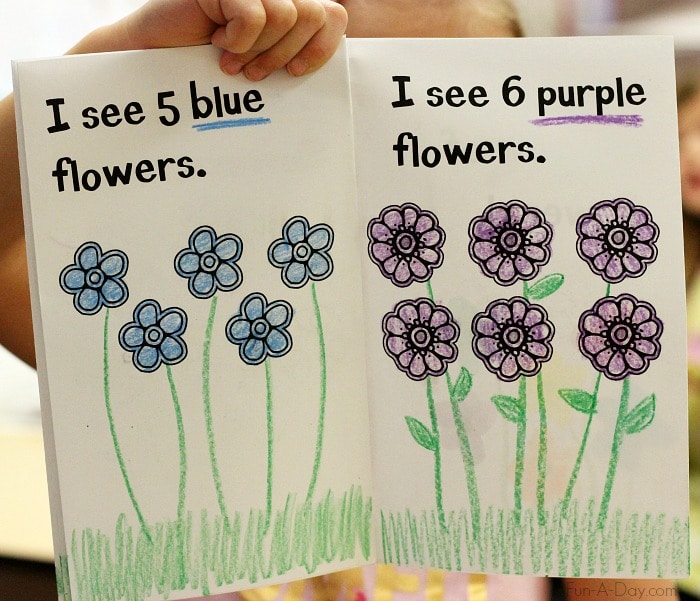 pages from a printable flower book with text that reads I see 5 blue flowers. I see 6 purple flowers.