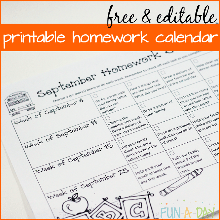 Kindergarten and preschool homework calendars full of hands-on activities
