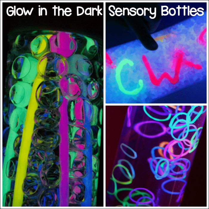 3 glow in the dark bottles with text that reads glow in the dark sensory bottles